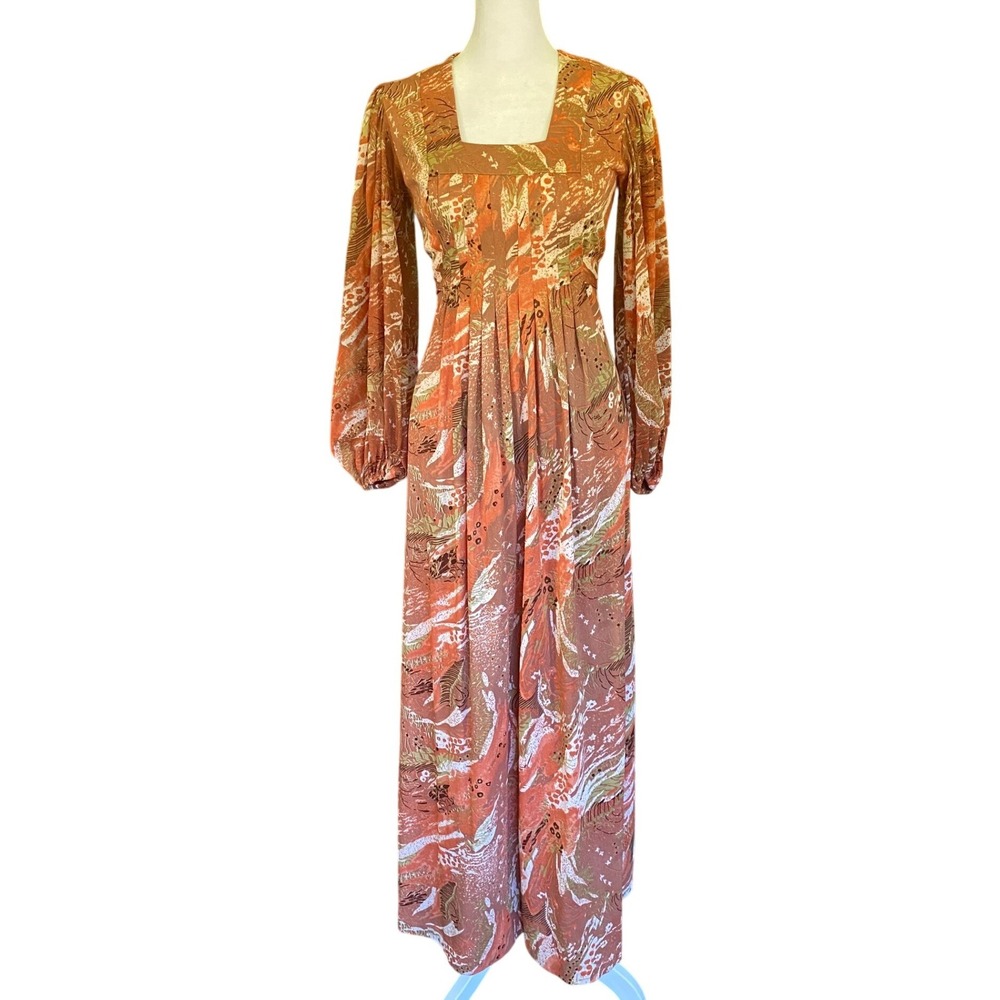 Vintage 1970s Abstract Maxi Dress Orange Small Prairie Boho Femme Eccentric Y2K